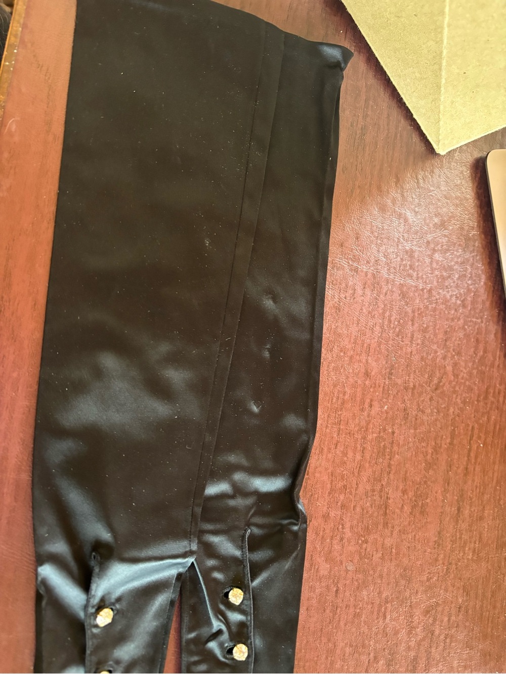 Vintage Kay Fuchs Black Stretch Satin Opera Gloves | 3 Gold Buttons | Size M - Picture 3 of 8